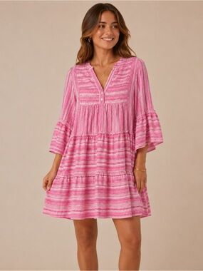 Fate Pink Stripe Tiered Babydoll Tunic Dress Boho Ruffle Sleeve Large
